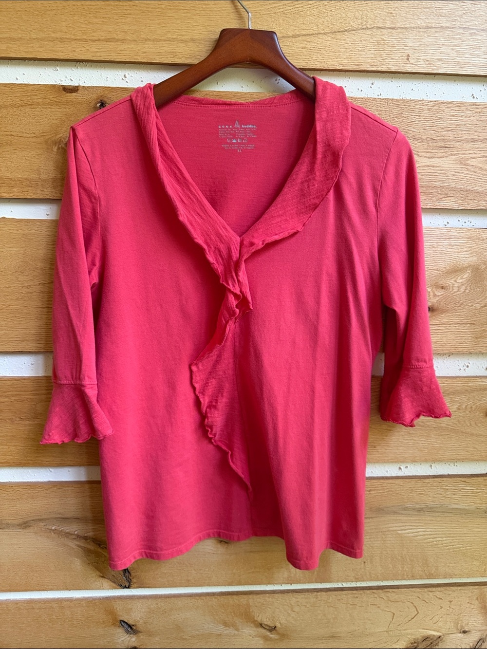 Neon Buddha Women’s Coral Ruffle-Trim Knit 3/4 zip Sz XL Top